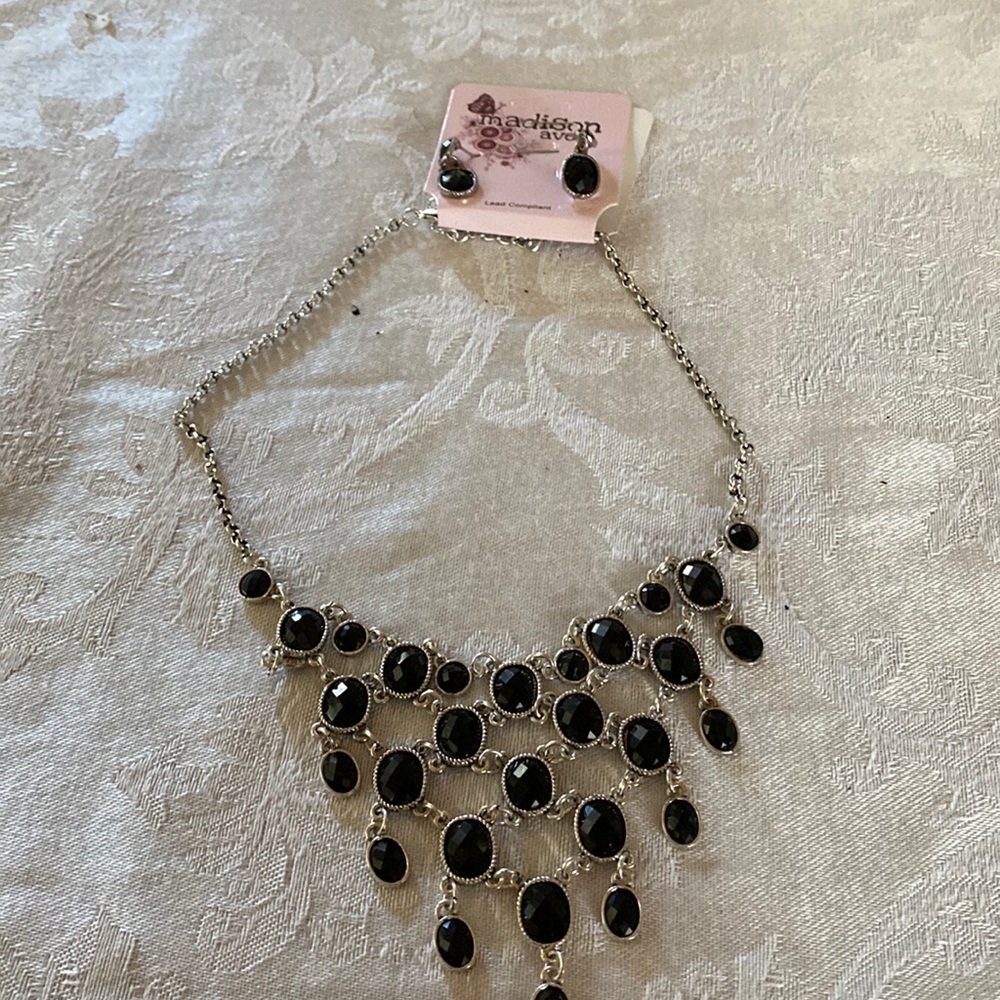 Four Tiered black & silver Necklace (costume with matching earrings.